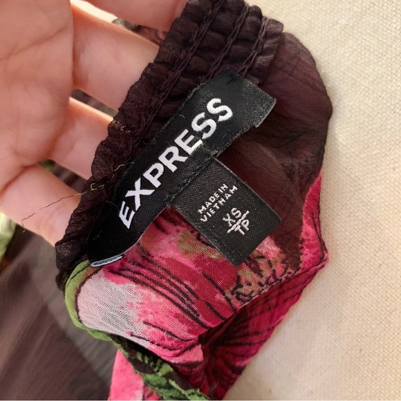 EXPRESS Brown Hibiscus Flower Floral Print Babydoll Chiffon Dress - Picture 10 of 11